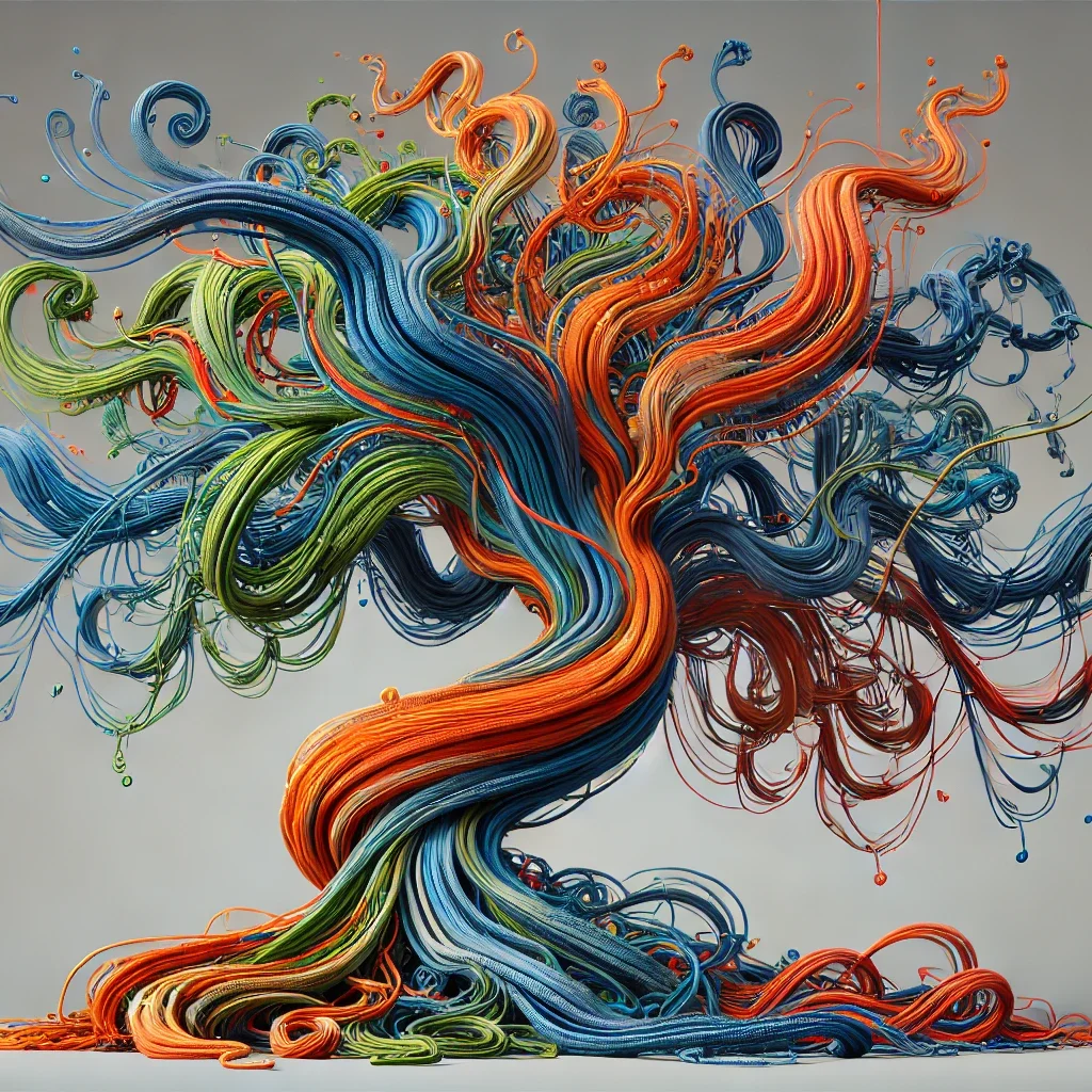 DALL·E 2024-10-23 12.27.00 - Create a high-quality wide panoramic image of an abstract tree-like structure made entirely out of blue, green, orange, and red ropes. The design shou